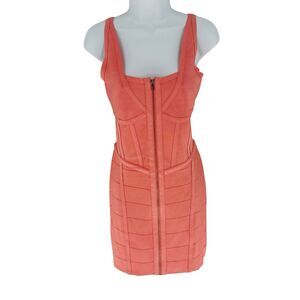 Bebe Dress Womens Large Pink Salmon Mini Sleeveless Bandage Bodycon Stretch NEW
